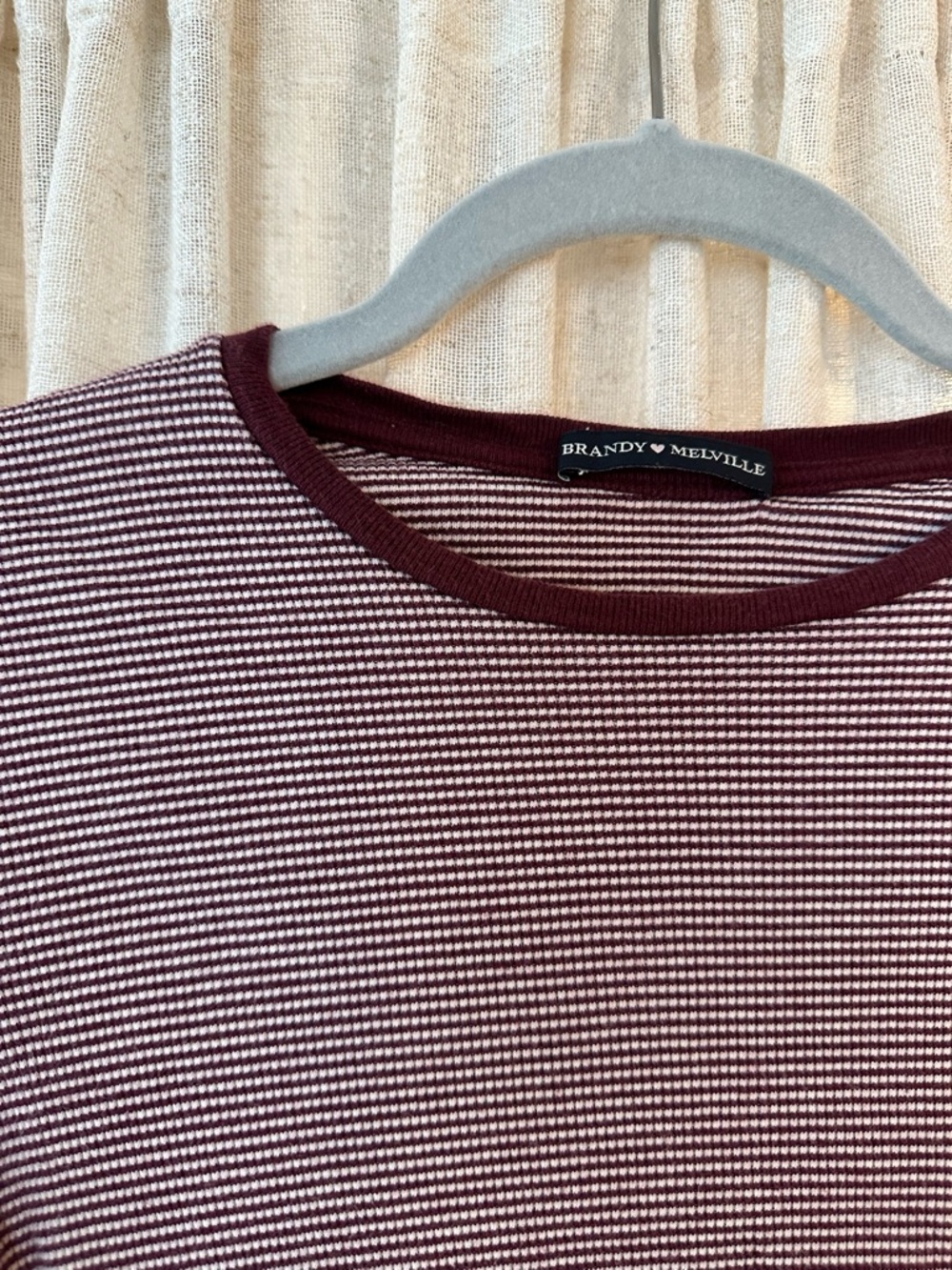 Brandy Melville Burgundy and White Micro-Striped Tee